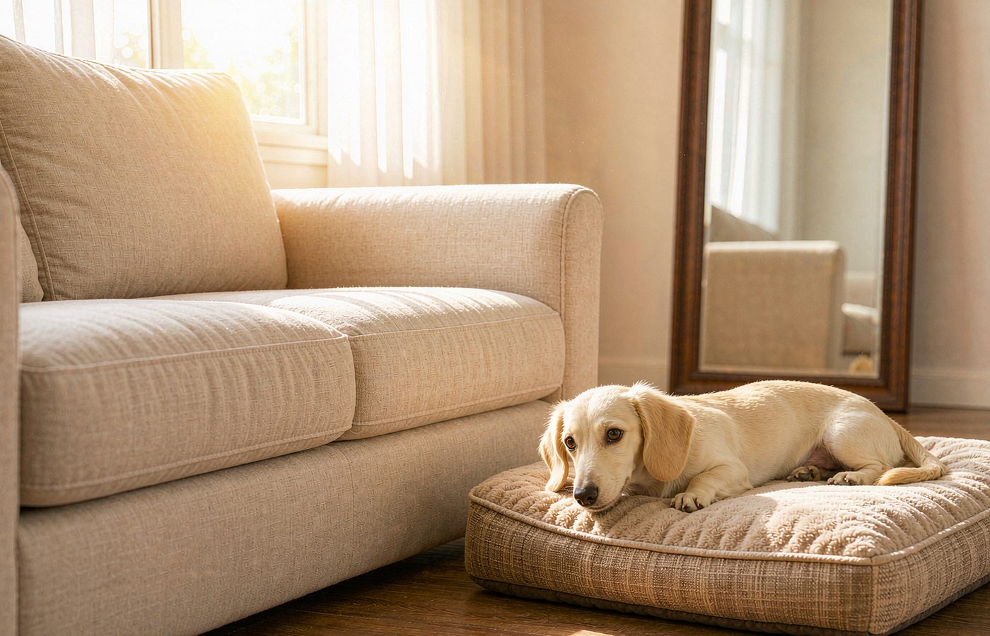 A miniature cream dachshund lies relaxed on a low, flat bed on the floor beside a sofa.