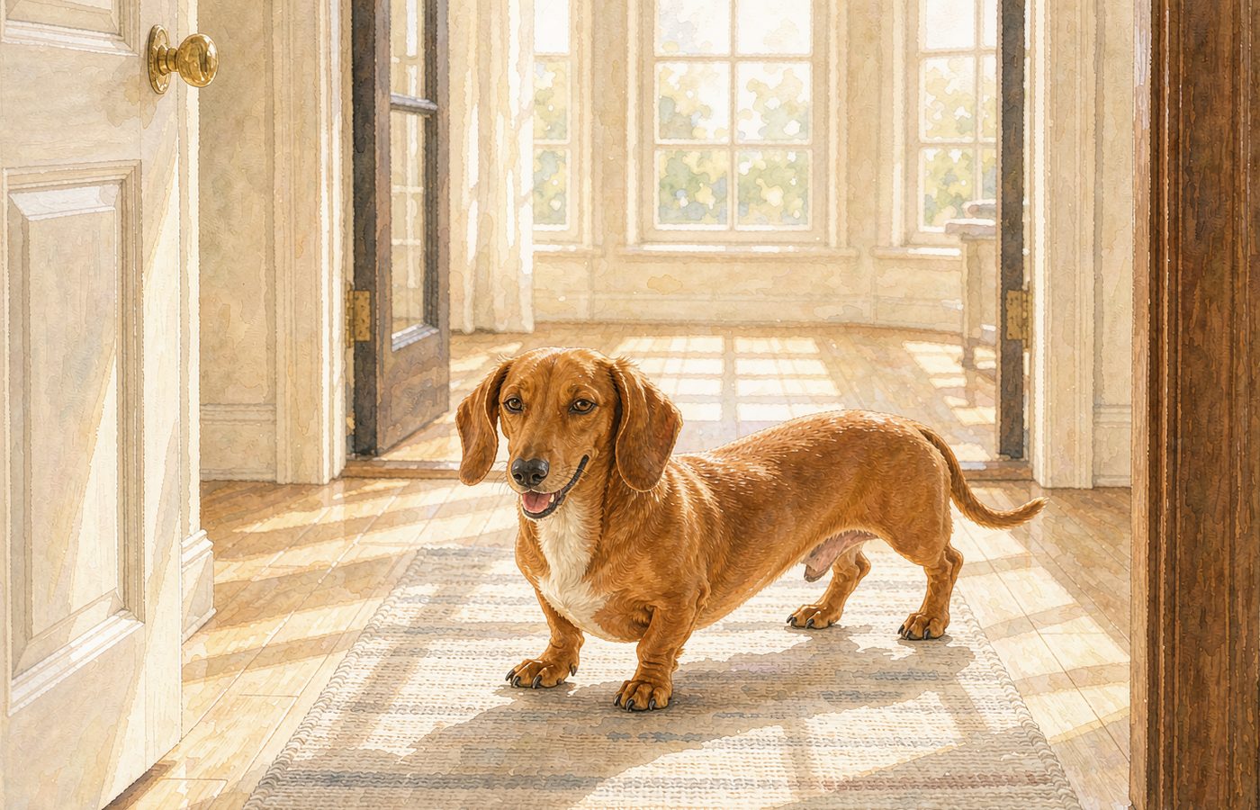 A smooth red dachshund stands with all four paws squarely on a flat woven rug laid over a light wooden floor.