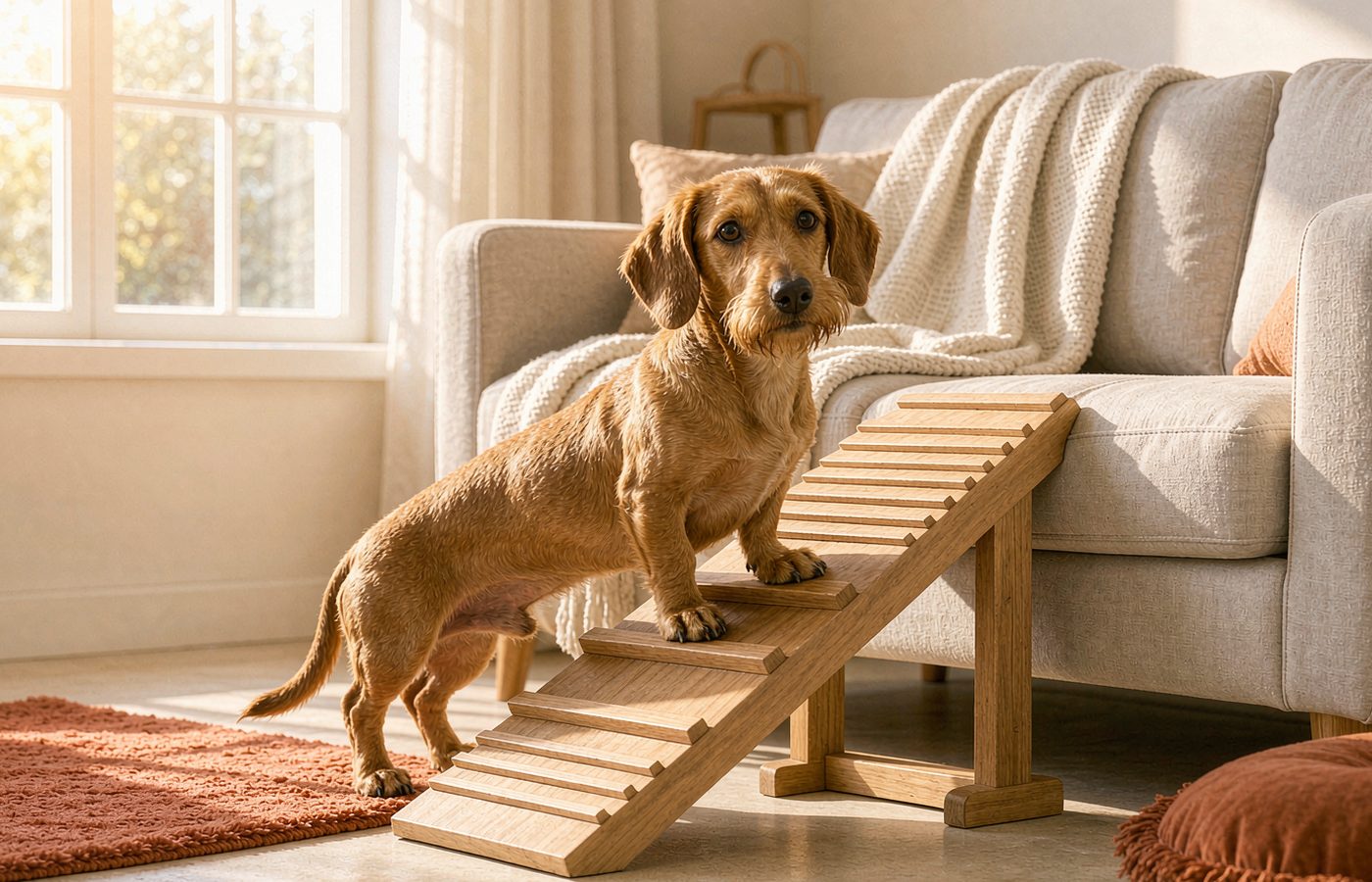 A wire haired dachshund with a rough, wiry coat walks up a low wooden pet ramp placed beside a sofa in a bright sunlit living room.