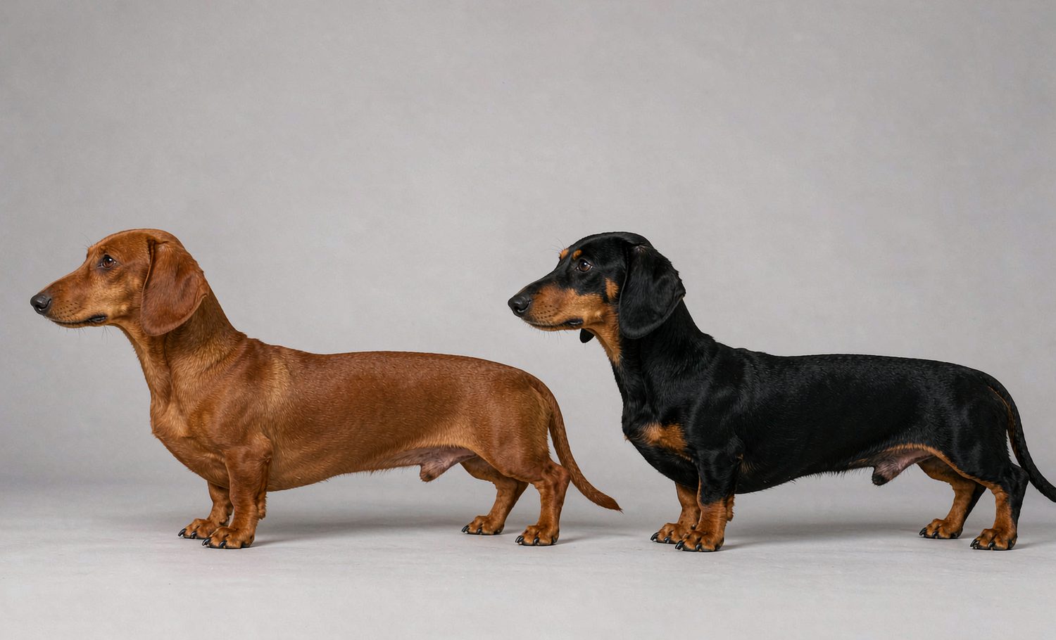 Two smooth-haired dachshunds standing side by side on a plain grey background, one solid red and one black and tan.