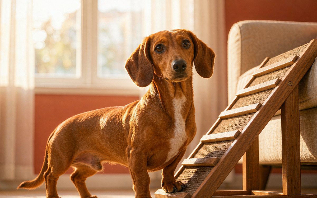 A smooth red dachshund stands with all four feet on the floor beside a low wooden ramp leaning against a sofa.