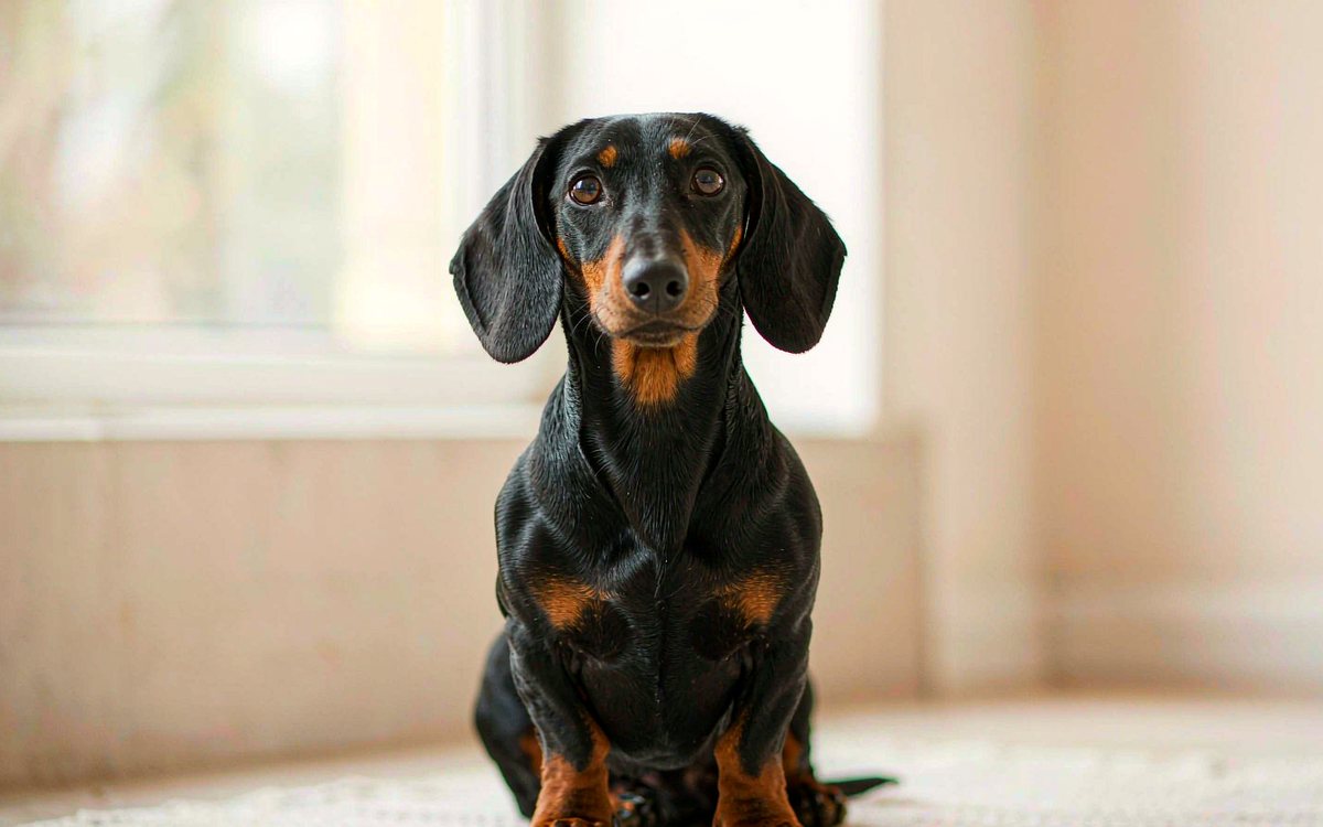 A black and tan dachshund sitting upright on a light rug in a bright room.
