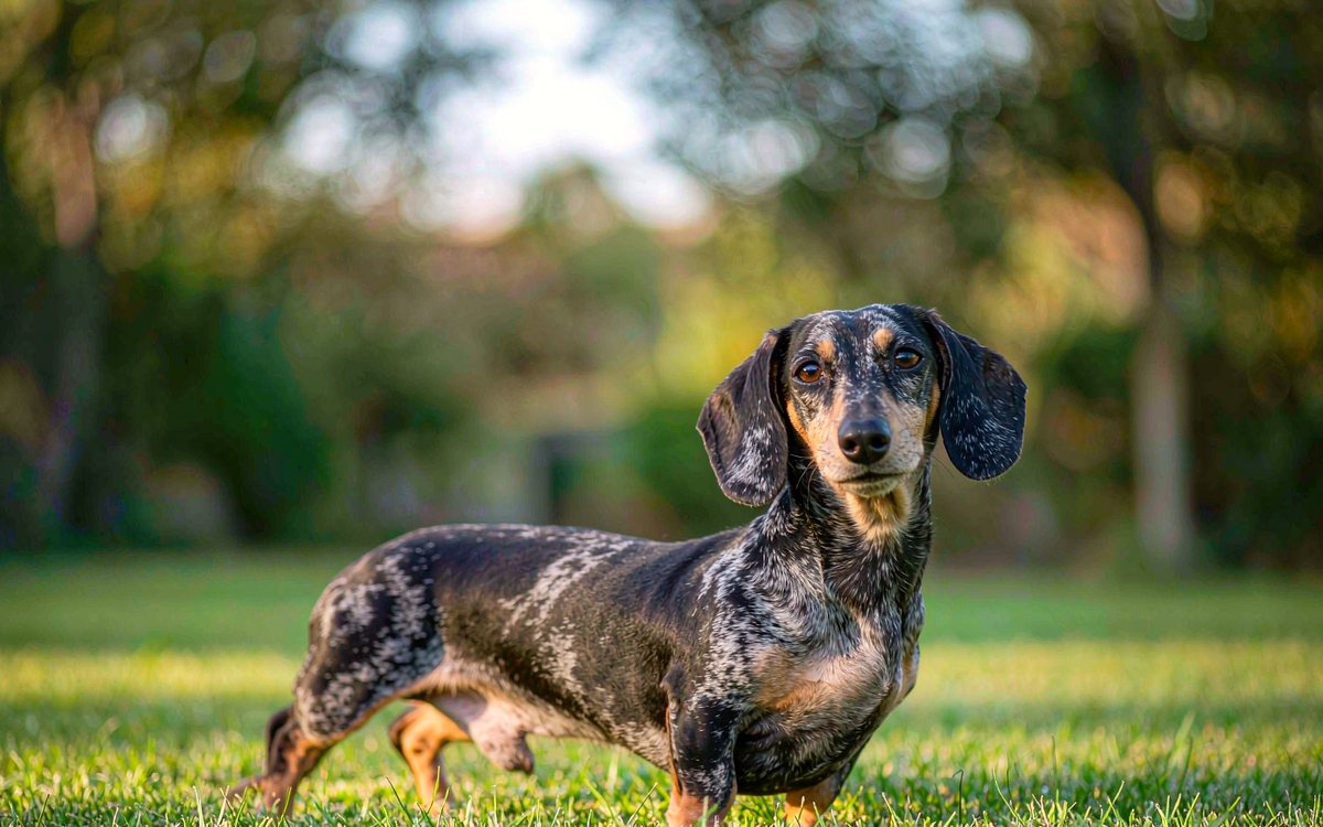 A silver dapple dachshund standing on a sunny lawn.