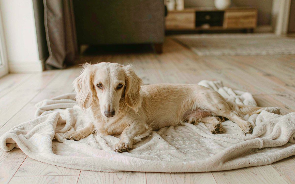 A cream and tan long-haired dachshund resting on a folded blanket on a wooden floor.
