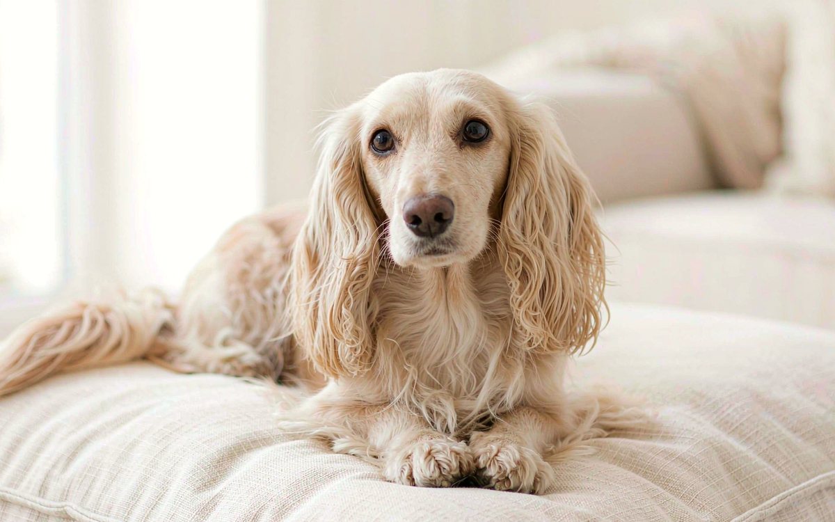 A cream long-haired dachshund resting on a pale linen cushion in a bright room.