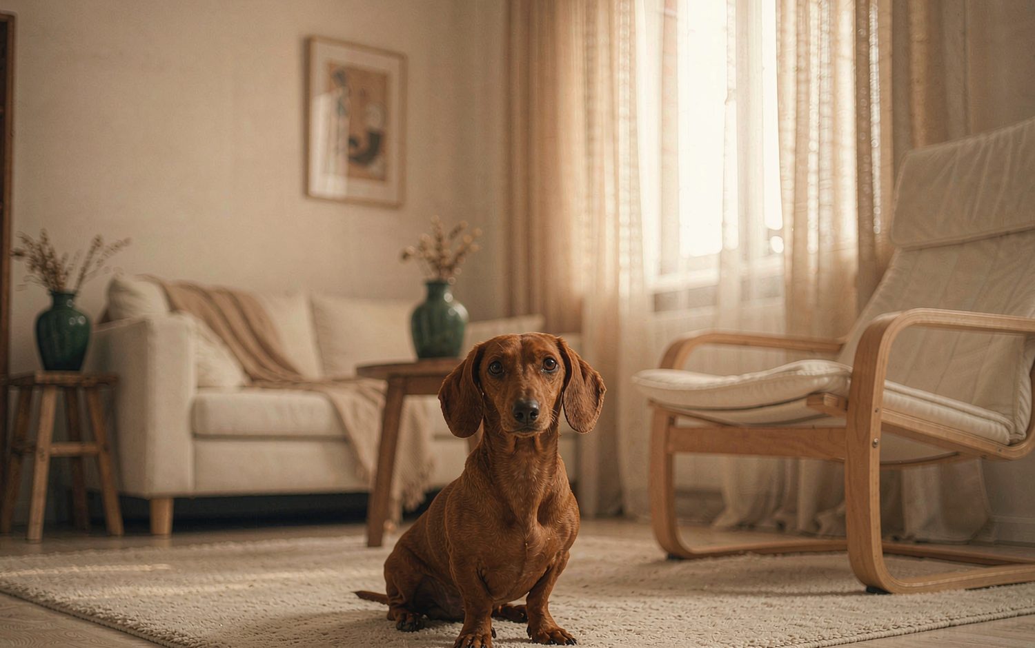 A red dachshund sitting on a rug in a warm, sunlit living room.